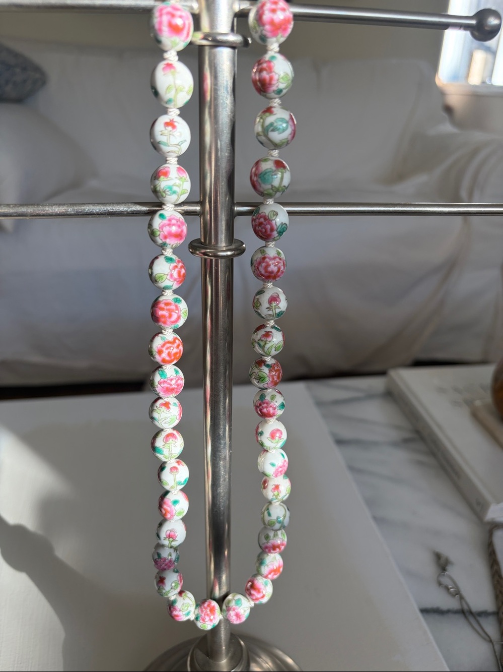 Hand-Painted Floral Porcelain Bead Necklace - Pink and Green -Vintage Gold clasp